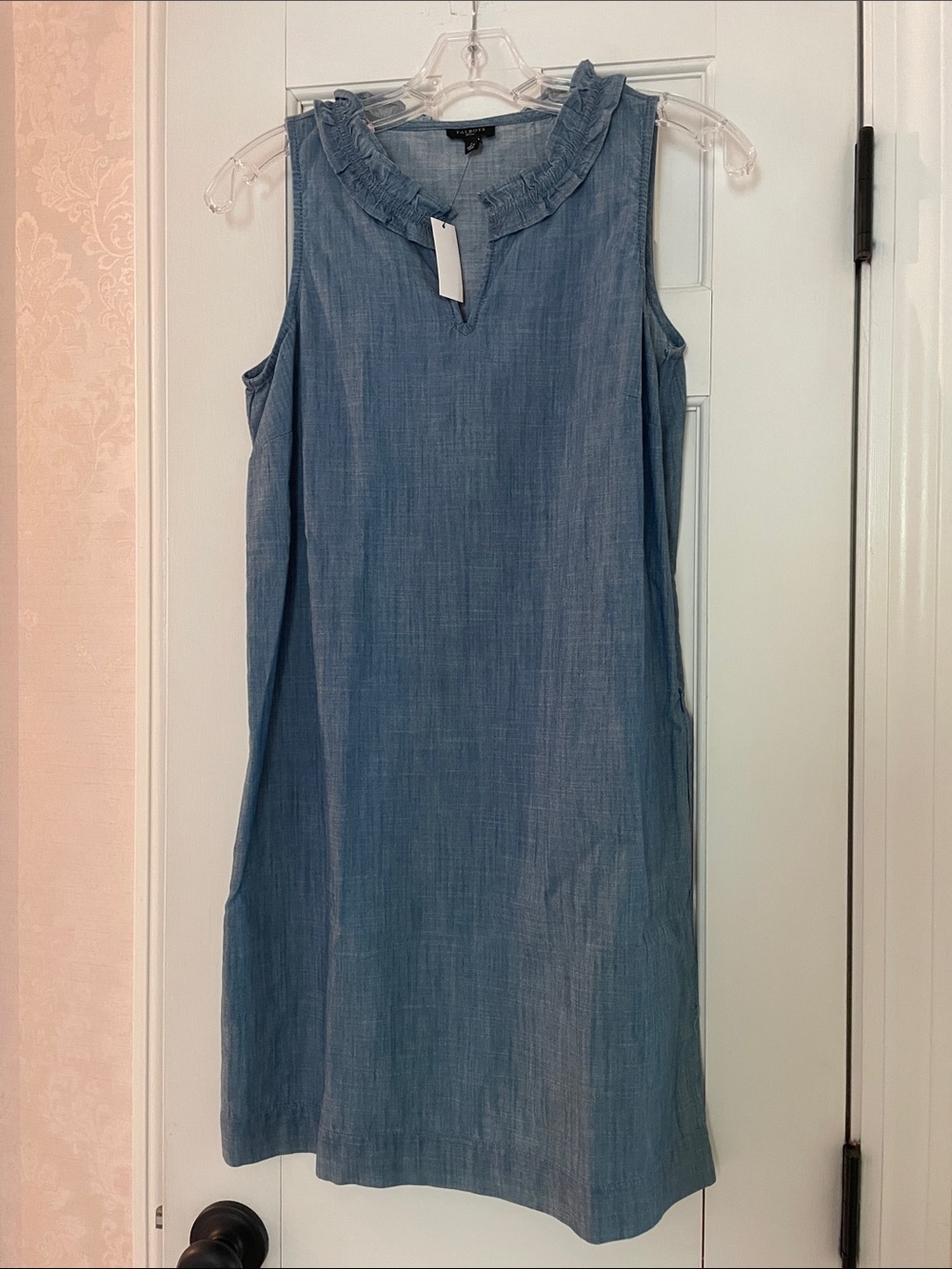 Talbots Light Blue Chambray Sleeveless Ruffle-Neck Shift Dress